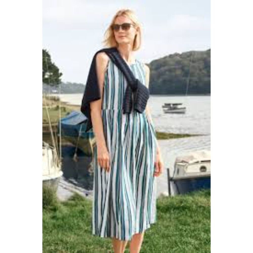 Seasalt Cornwall Farley's Dress Midi Organic Cotton White Blue Stripe NWOT 12P